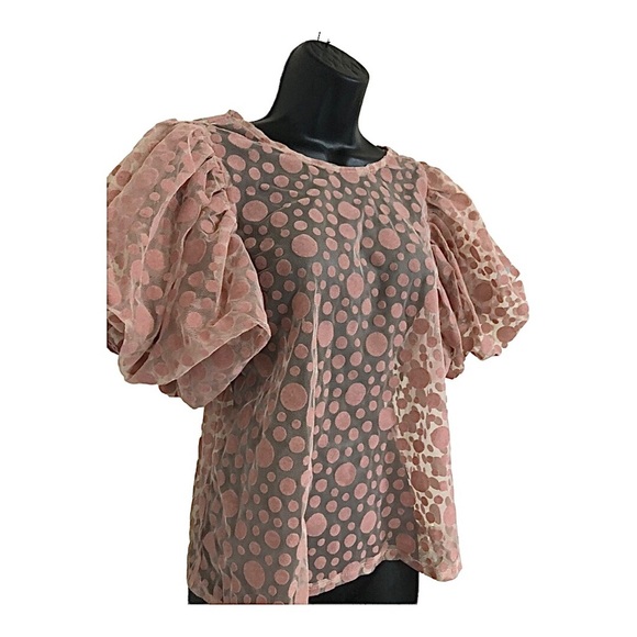 Pink sheer mesh chiffon pink suede dotted puff bubble sleeve blouse top size  M - Picture 7 of 16